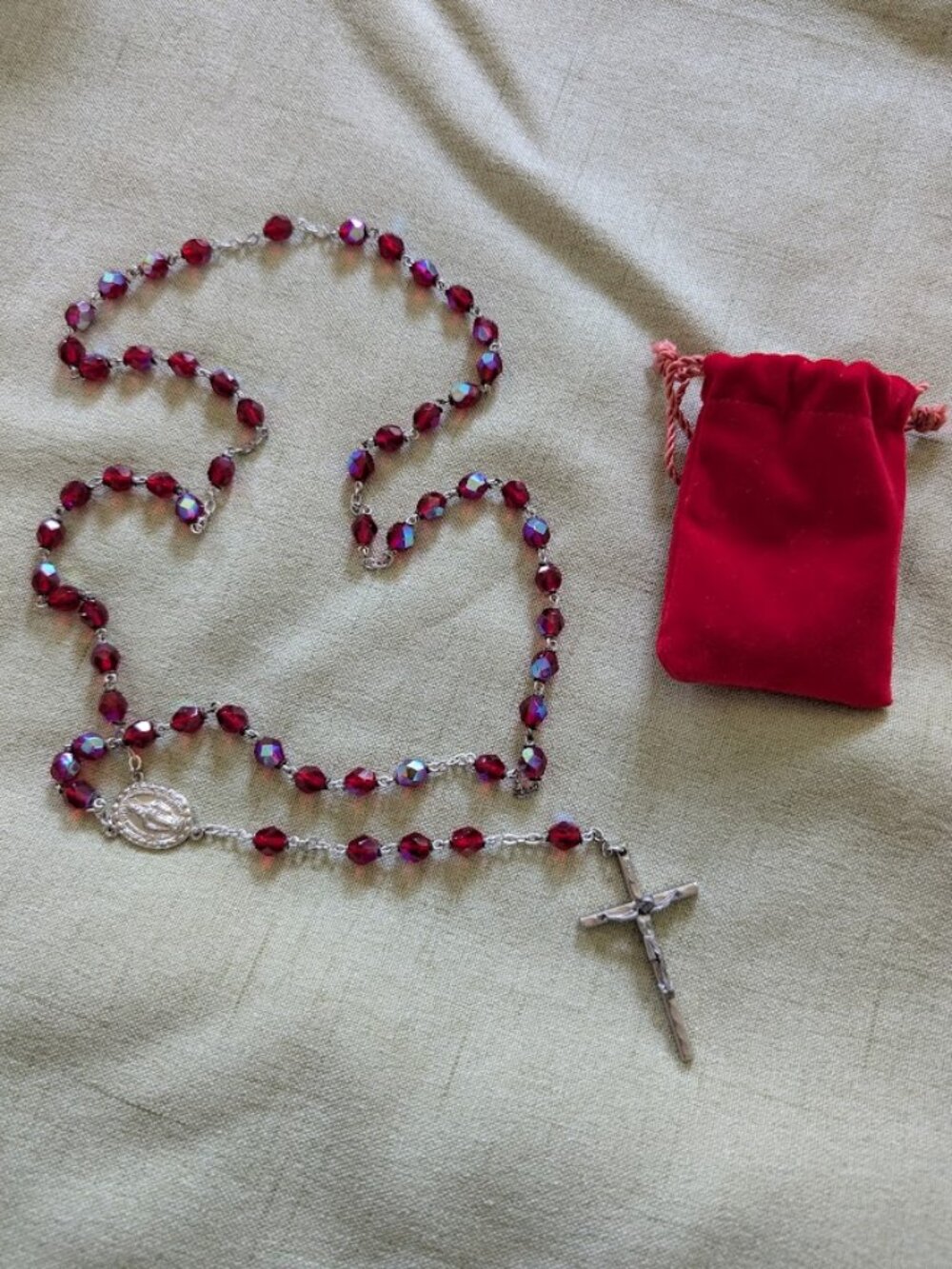 Vintage CHAPEL STEEL Italian Ruby Red AB Crystal 5-Decade Rosary